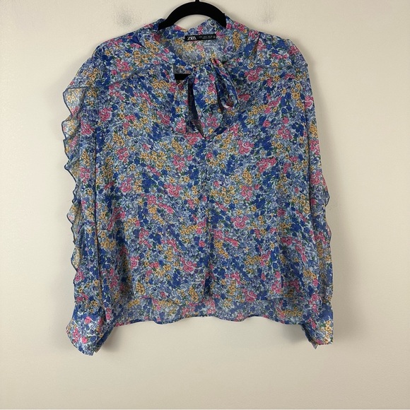 Zara | Blue Multicolor Ruffle Tie Neck Floral Blouse Size Large - Picture 2 of 6